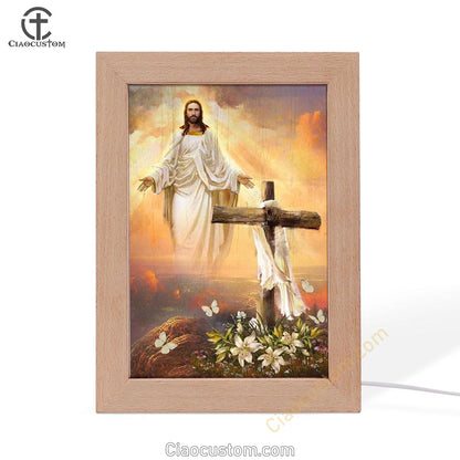 Jesus Drawing, Cross Symbol, Lily Flower, Sunset, In The Sky Frame Lamp