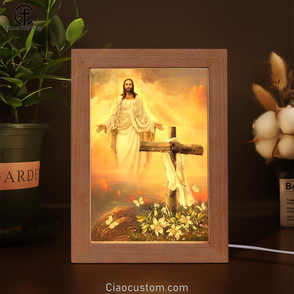 Jesus Drawing, Cross Symbol, Lily Flower, Sunset, In The Sky Frame Lamp