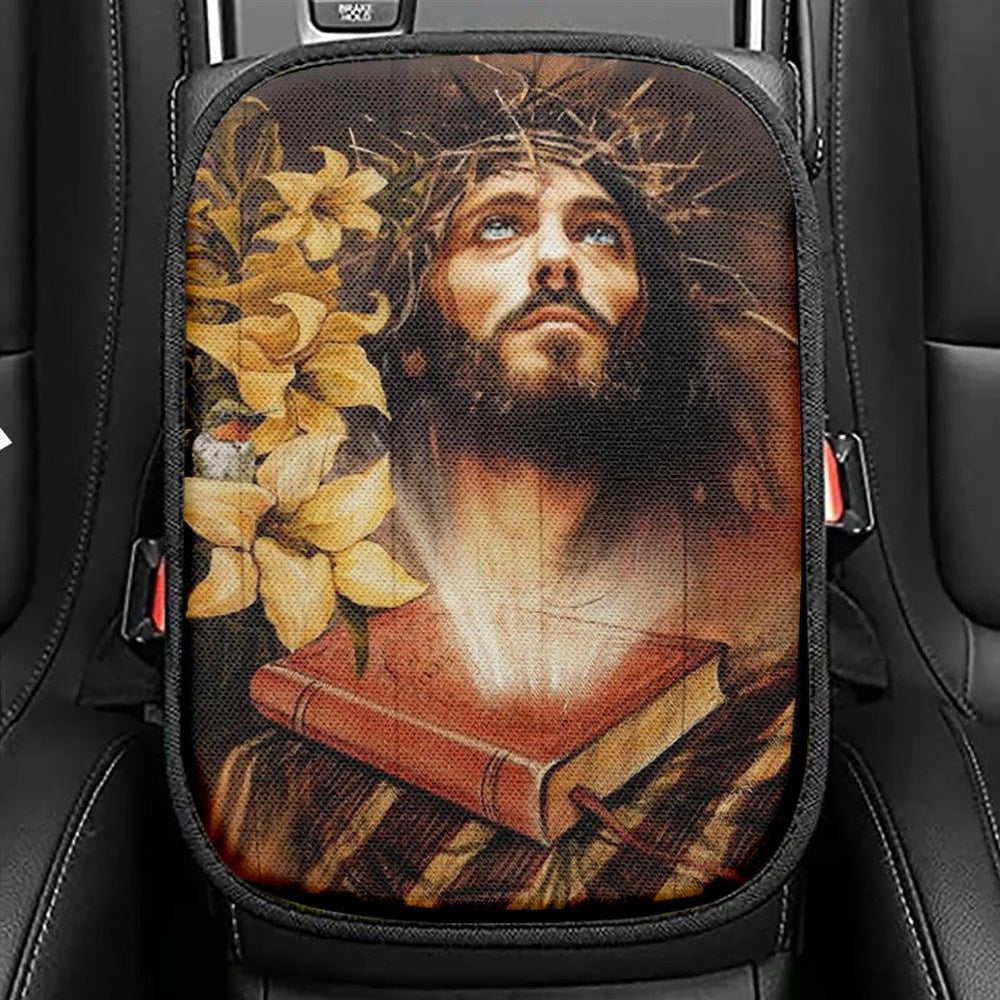 Jesus Drawing, Yellow Lily, Bible Car Center Console Cover, Christian Armrest Seat Cover, Bible Seat Box Cover