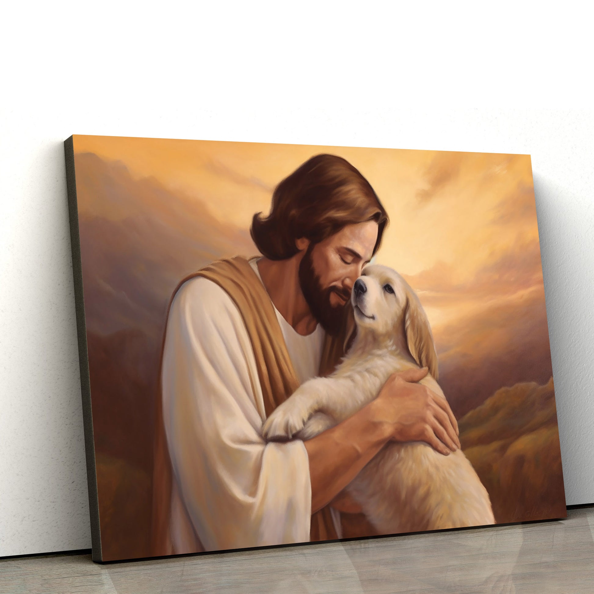 Jesus Embracing A Dog With A Face Full Of Love And Care - Canvas Picture - Jesus Christ Canvas - Christian Wall Art