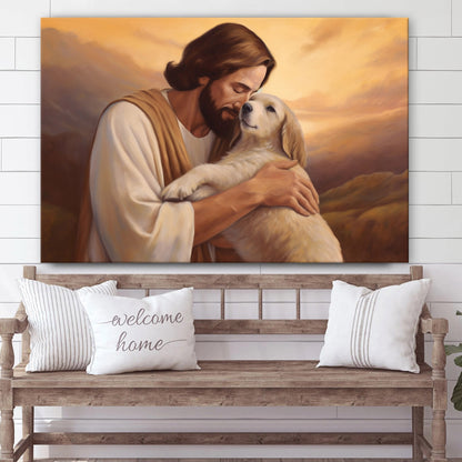 Jesus Embracing A Dog With A Face Full Of Love And Care - Canvas Picture - Jesus Christ Canvas - Christian Wall Art