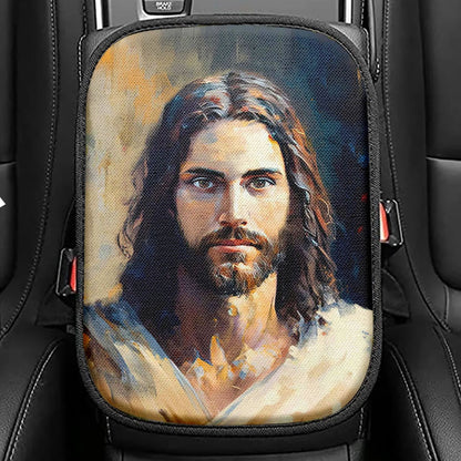 Jesus Face Crown Of Thorns Cross Seat Box Cover, Jesus Portrait Car Center Console Cover, Christian Car Interior Accessories