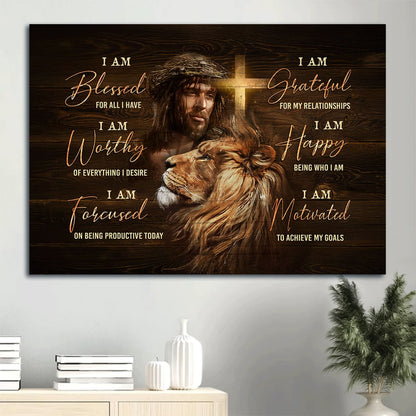Jesus Faith God Lion Head Motivational Quote I Am Bless For All I Have Believer In Jesus Canvas Wall Art - Christian Wall Decor