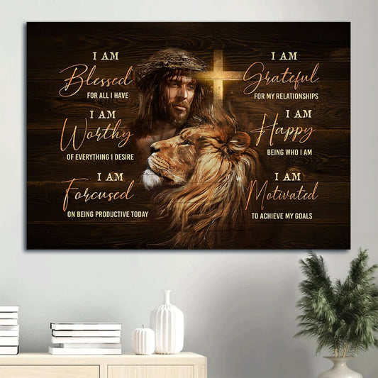 Jesus Faith God Lion Head Motivational Quote I Am Bless For All I Have Believer In Jesus Canvas Wall Art - Christian Wall Decor