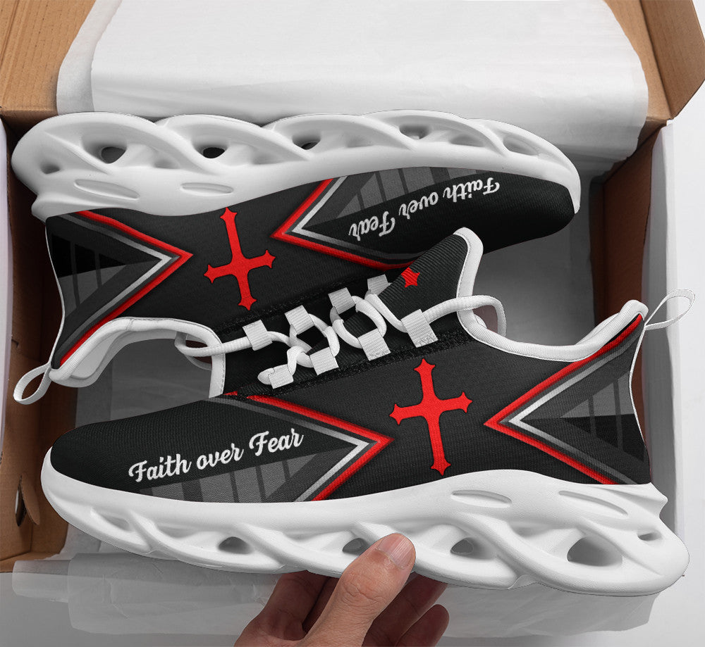 Jesus Faith Over Black Red Fear Yezy Running Sneakers Max Soul Shoes - Christian Shoes For Men And Women
