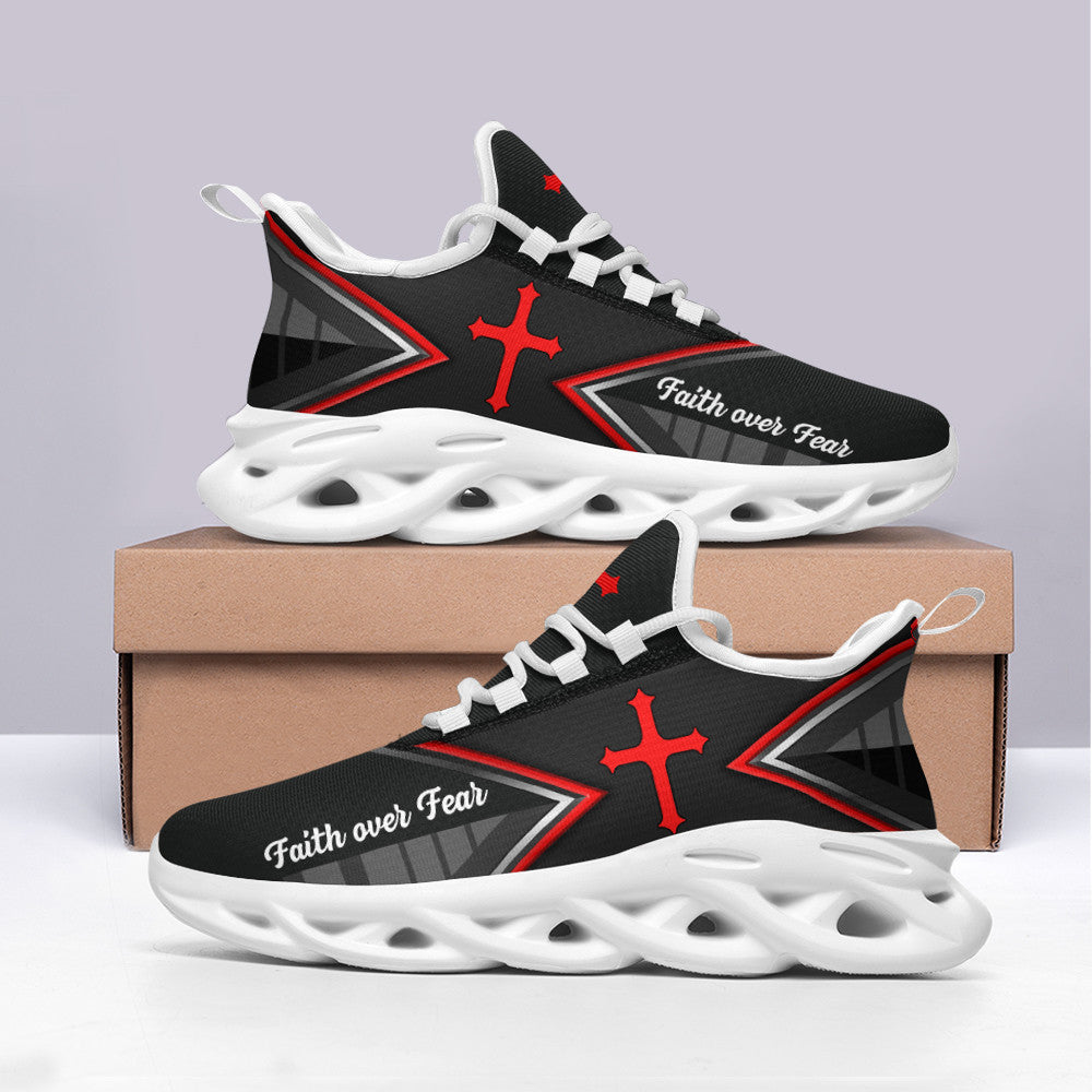 Jesus Faith Over Black Red Fear Yezy Running Sneakers Max Soul Shoes - Christian Shoes For Men And Women