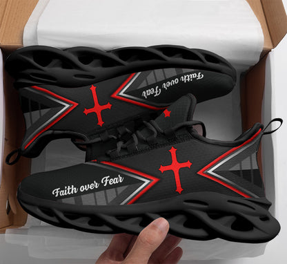 Jesus Faith Over Black Red Fear Yezy Running Sneakers Max Soul Shoes - Christian Shoes For Men And Women