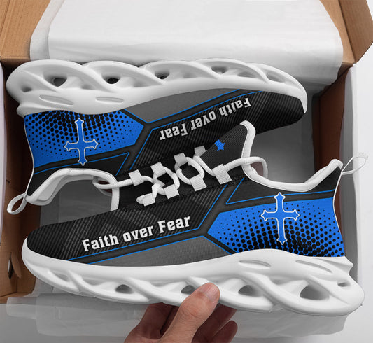Jesus Faith Over Fear Blue Black Yezy Running Sneakers Max Soul Shoes - Christian Shoes For Men And Women