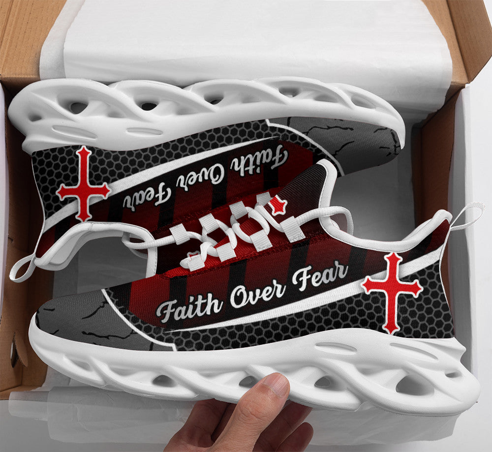 Jesus Faith Over Fear Red Black Yezy Running Sneakers Max Soul Shoes - Christian Shoes For Men And Women