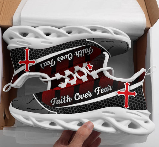 Jesus Faith Over Fear Red Black Yezy Running Sneakers Max Soul Shoes - Christian Shoes For Men And Women