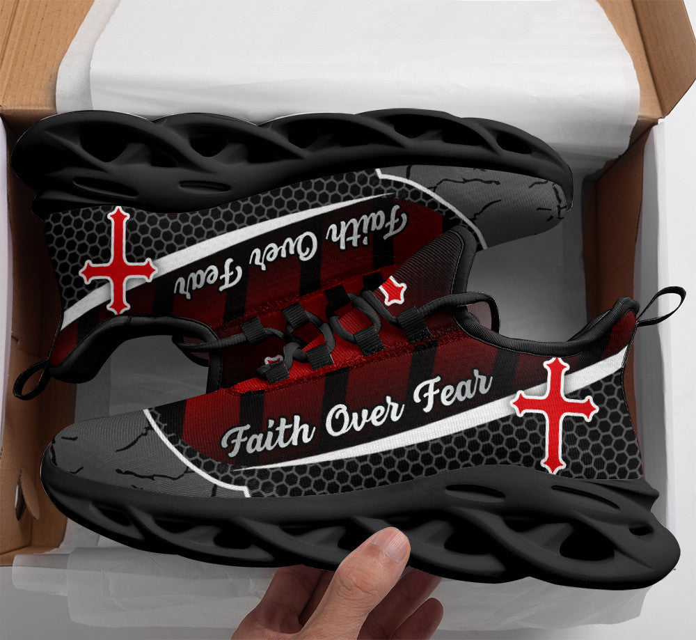 Jesus Faith Over Fear Red Black Yezy Running Sneakers Max Soul Shoes - Christian Shoes For Men And Women