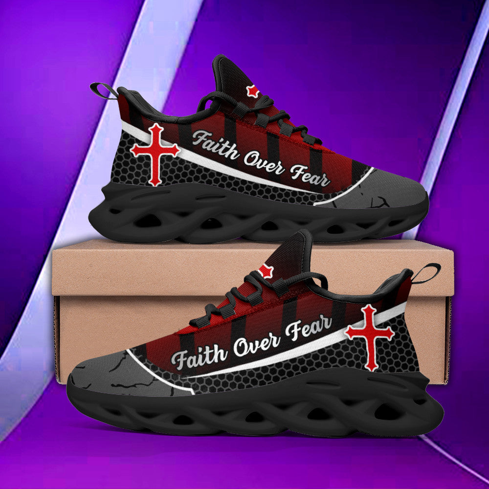 Jesus Faith Over Fear Red Black Yezy Running Sneakers Max Soul Shoes - Christian Shoes For Men And Women