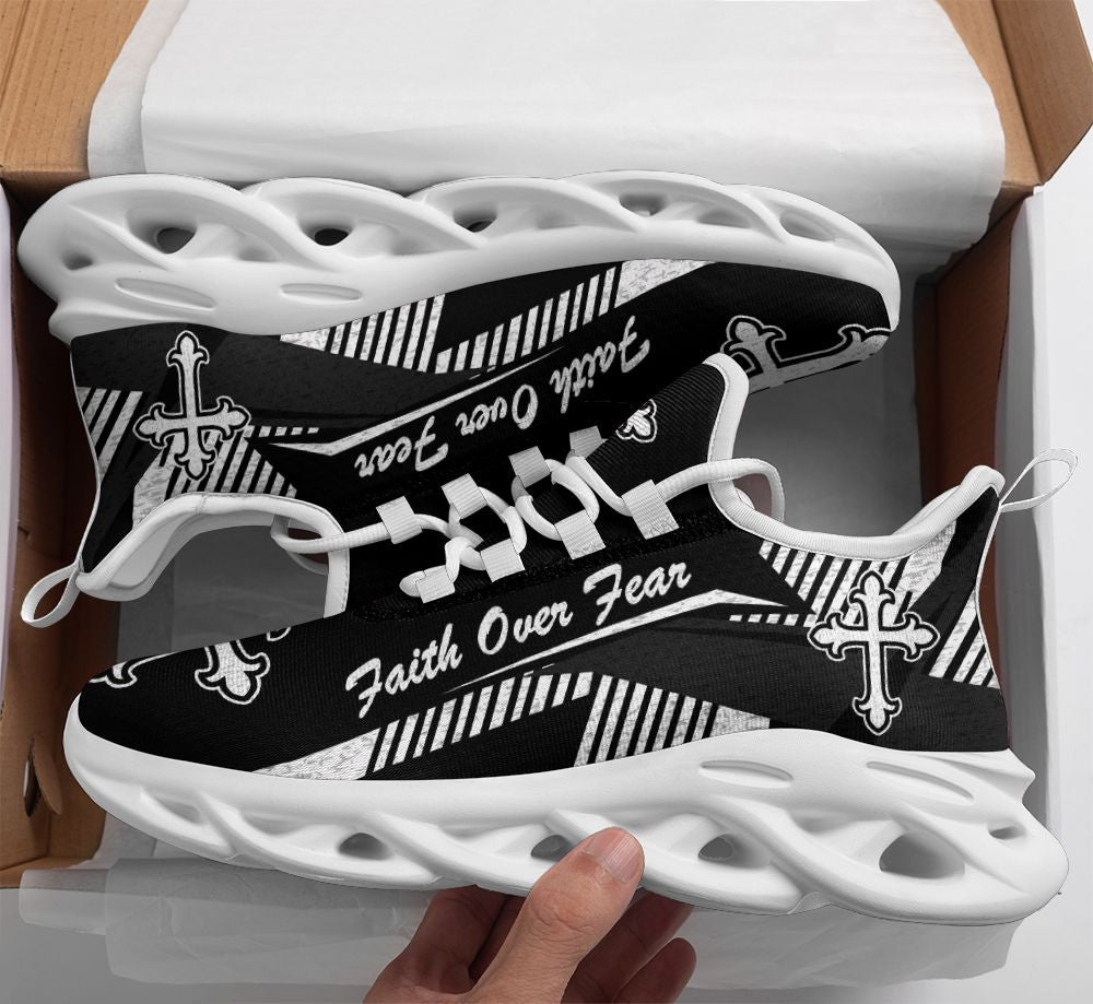 Jesus Faith Over Fear Yezy Black Running Sneakers Max Soul Shoes - Christian Shoes For Men And Women