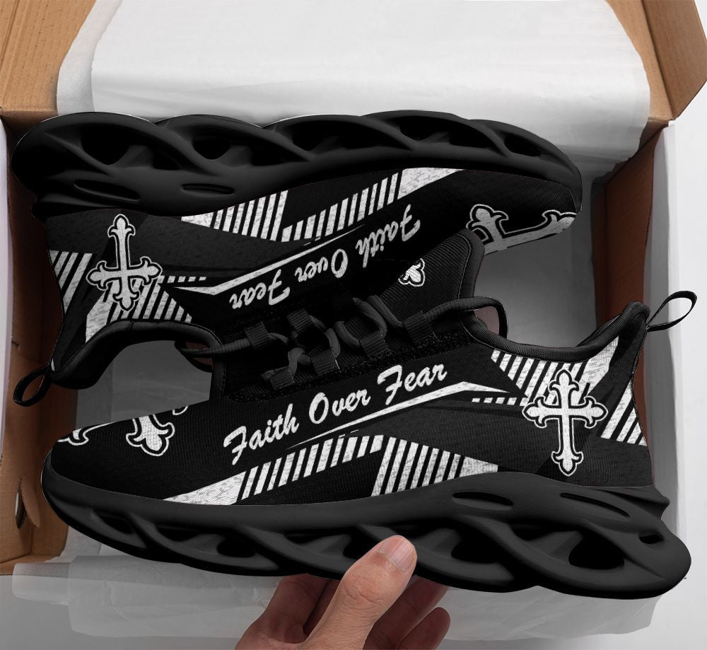 Jesus Faith Over Fear Yezy Black Running Sneakers Max Soul Shoes - Christian Shoes For Men And Women