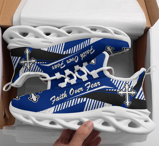Jesus Faith Over Fear Yezy Blue Running Sneakers Max Soul Shoes - Christian Shoes For Men And Women