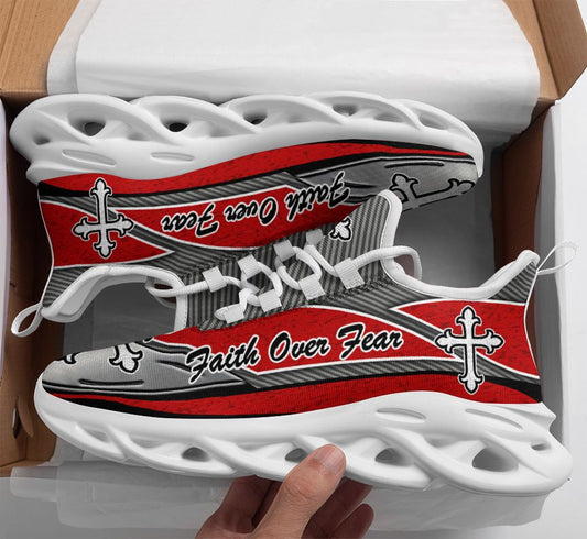 Jesus Faith Over Fear Yezy Red And Black Running Sneakers Max Soul Shoes - Christian Shoes For Men And Women