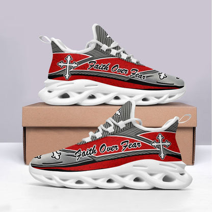 Jesus Faith Over Fear Yezy Red And Black Running Sneakers Max Soul Shoes - Christian Shoes For Men And Women