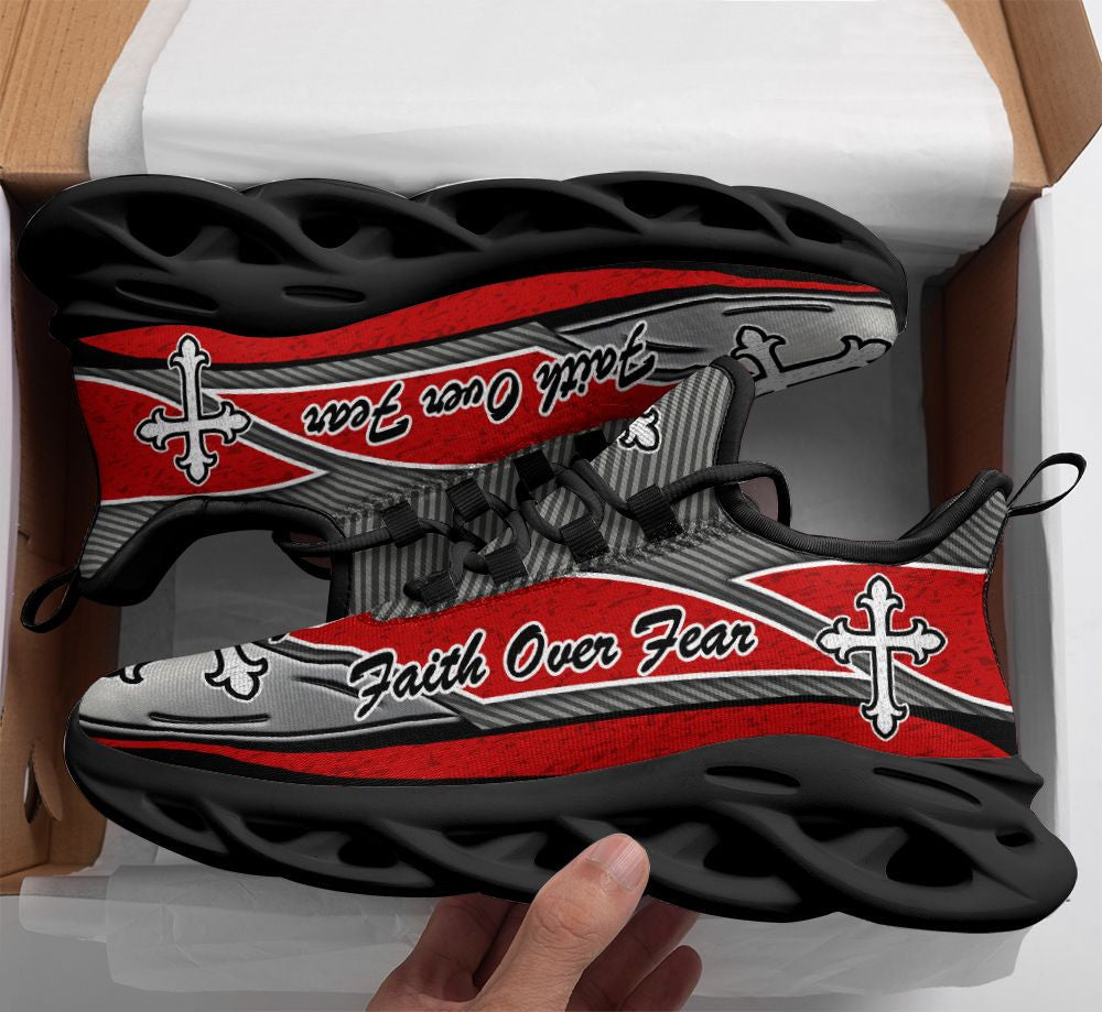 Jesus Faith Over Fear Yezy Red And Black Running Sneakers Max Soul Shoes - Christian Shoes For Men And Women