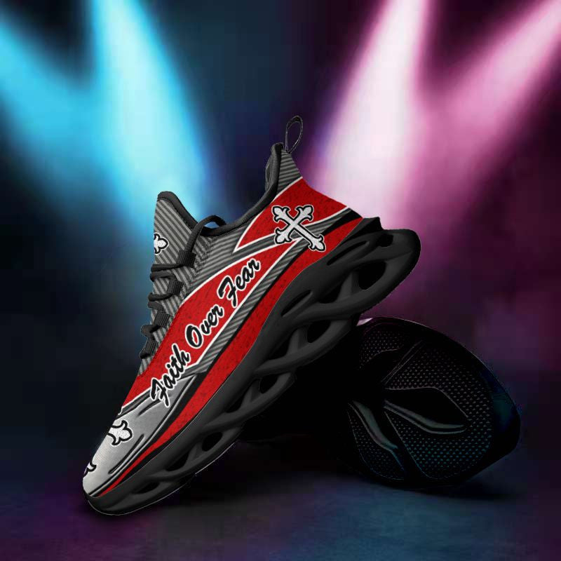 Jesus Faith Over Fear Yezy Red And Black Running Sneakers Max Soul Shoes - Christian Shoes For Men And Women
