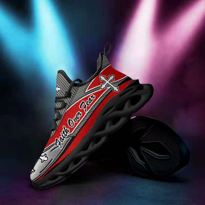 Jesus Faith Over Fear Yezy Red And Black Running Sneakers Max Soul Shoes - Christian Shoes For Men And Women