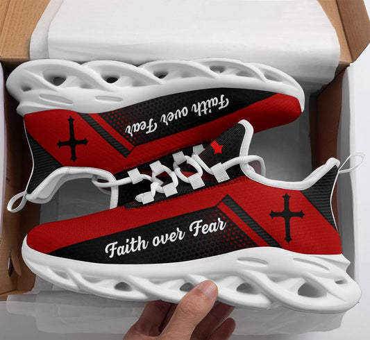 Jesus Faith Over Fear Yezy Red Running Sneakers Max Soul Shoes - Christian Shoes For Men And Women