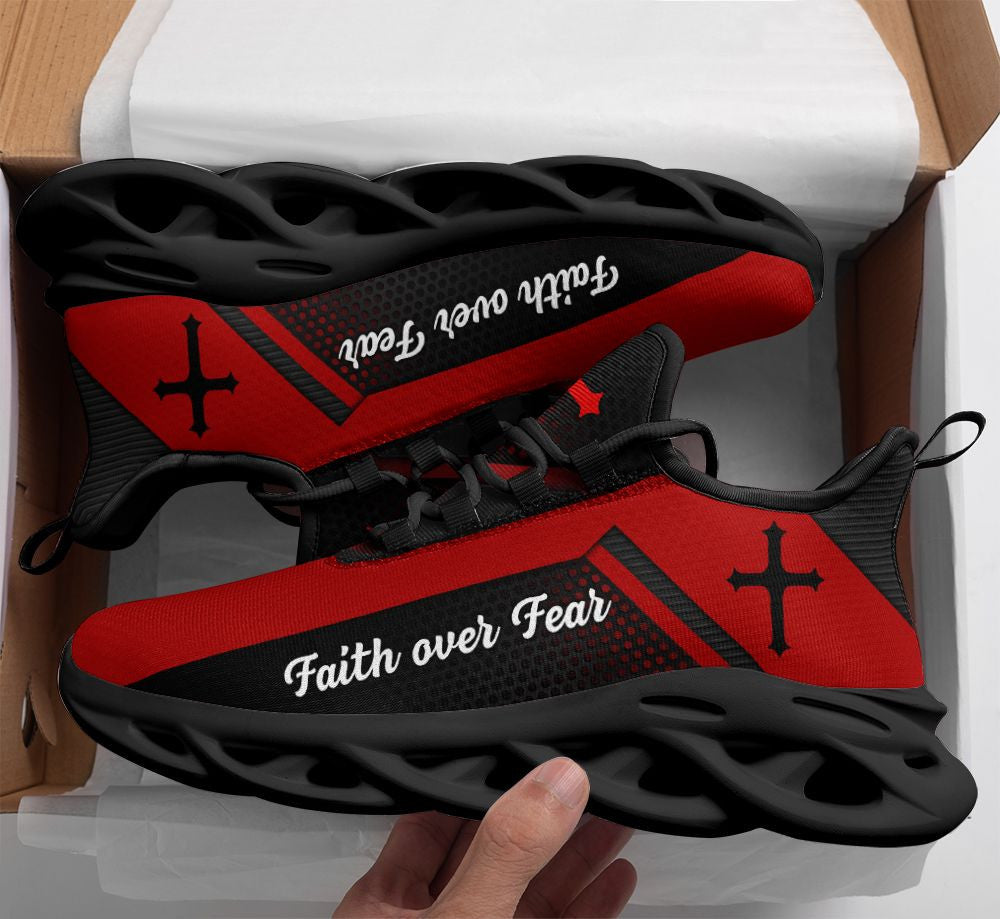 Jesus Faith Over Fear Yezy Red Running Sneakers Max Soul Shoes - Christian Shoes For Men And Women