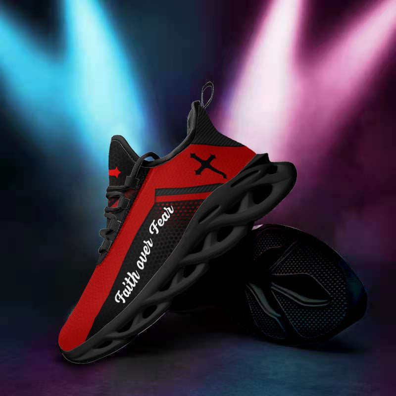 Jesus Faith Over Fear Yezy Red Running Sneakers Max Soul Shoes - Christian Shoes For Men And Women