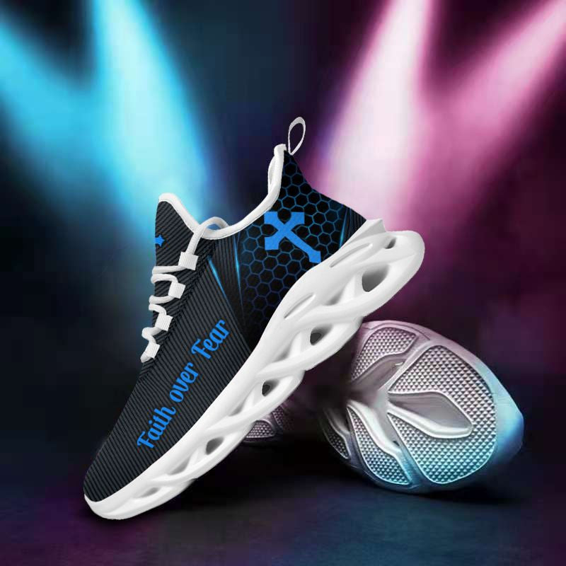 Jesus Faith Over Fear Yezy Running Sneakers Black And Blue Max Soul Shoes - Christian Shoes For Men And Women