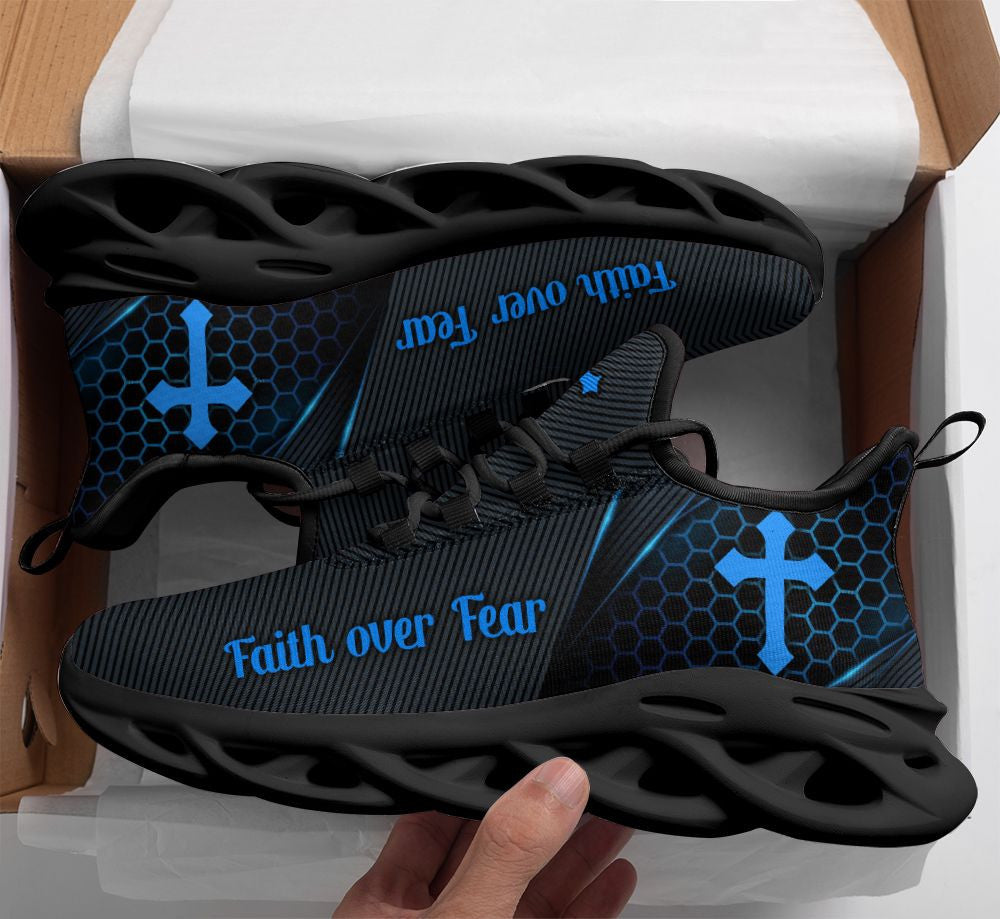 Jesus Faith Over Fear Yezy Running Sneakers Black And Blue Max Soul Shoes - Christian Shoes For Men And Women