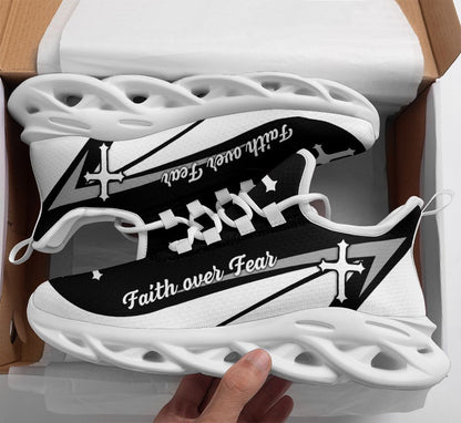 Jesus Faith Over Fear Yezy Running Sneakers Black And White Max Soul Shoes - Christian Shoes For Men And Women