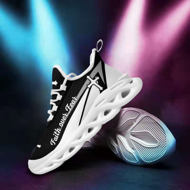 Jesus Faith Over Fear Yezy Running Sneakers Black And White Max Soul Shoes - Christian Shoes For Men And Women
