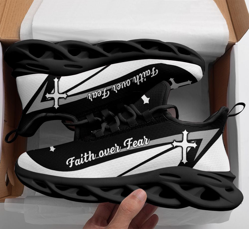 Jesus Faith Over Fear Yezy Running Sneakers Black And White Max Soul Shoes - Christian Shoes For Men And Women