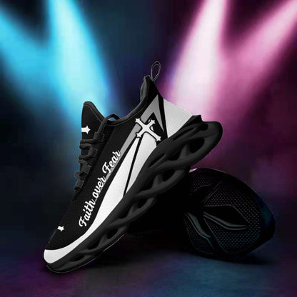 Jesus Faith Over Fear Yezy Running Sneakers Black And White Max Soul Shoes - Christian Shoes For Men And Women