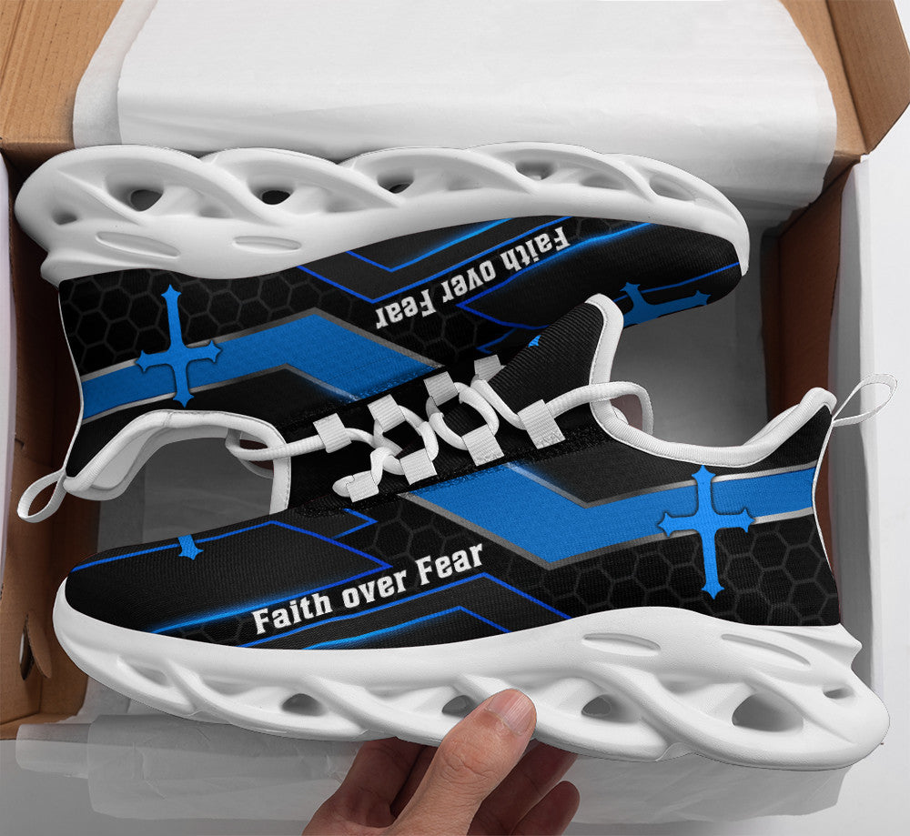 Jesus Faith Over Fear Yezy Running Sneakers Black Blue Max Soul Shoes - Christian Shoes For Men And Women