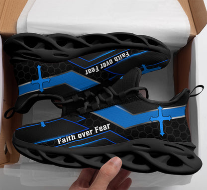 Jesus Faith Over Fear Yezy Running Sneakers Black Blue Max Soul Shoes - Christian Shoes For Men And Women