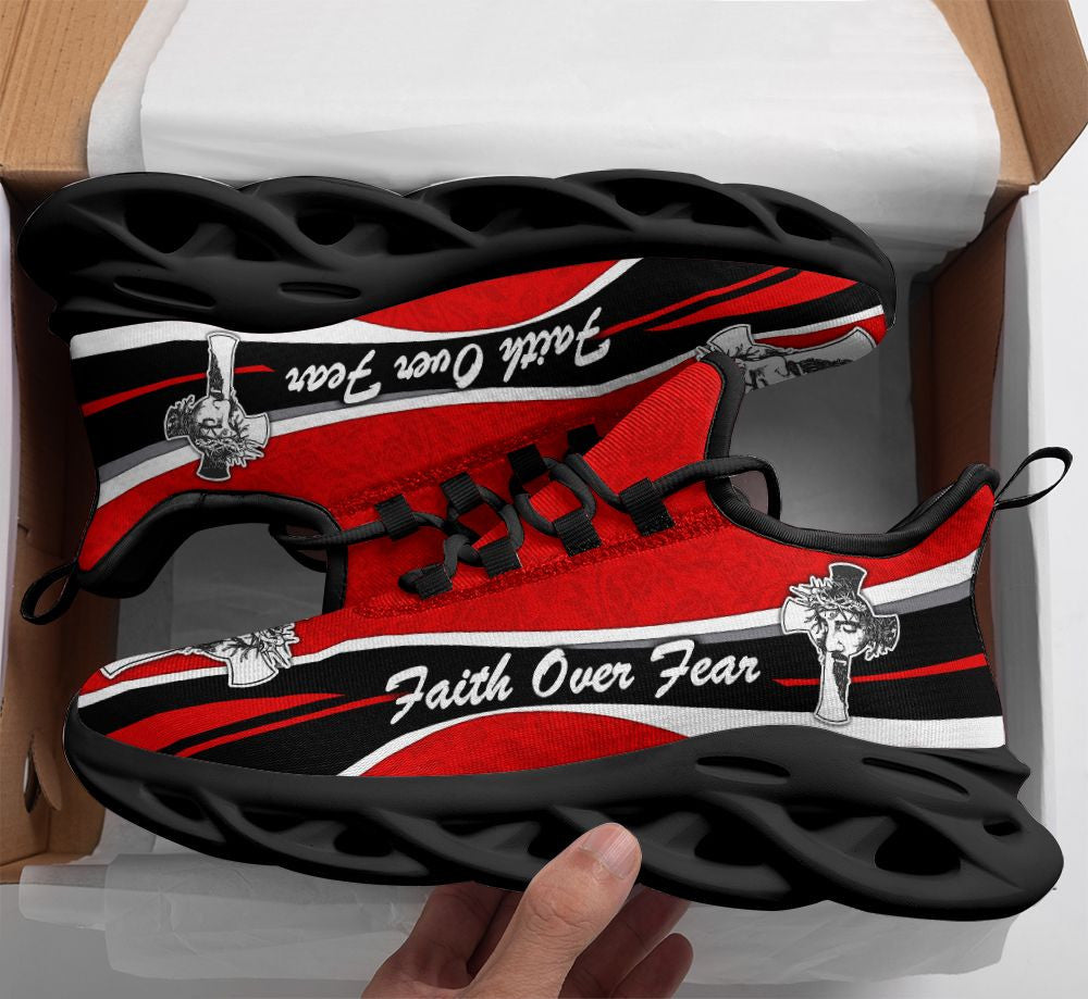 Jesus Faith Over Fear Yezy Running Sneakers Black Red Max Soul Shoes - Christian Shoes For Men And Women