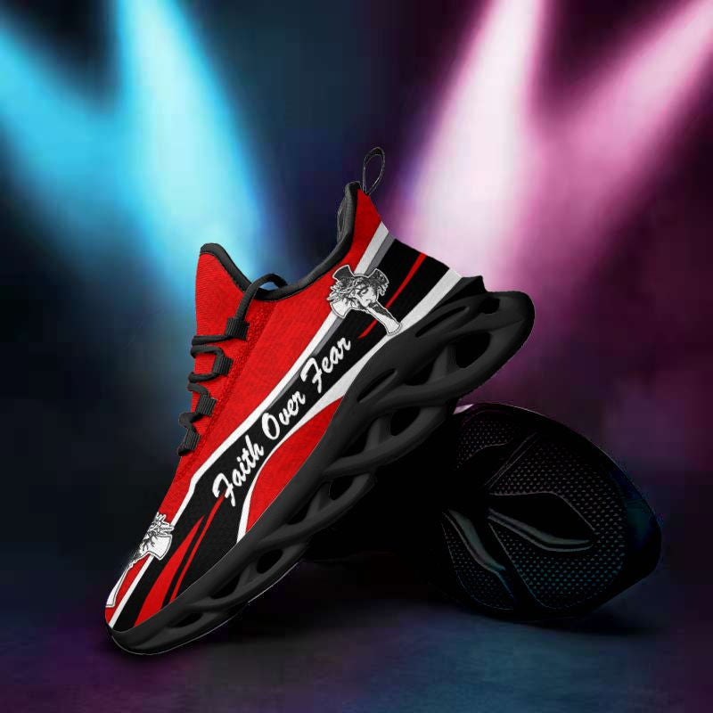 Jesus Faith Over Fear Yezy Running Sneakers Black Red Max Soul Shoes - Christian Shoes For Men And Women