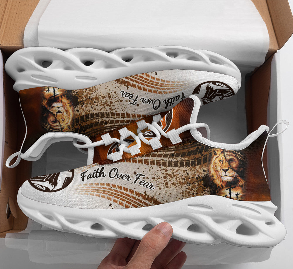 Jesus Faith Over Fear Yezy Running Sneakers Black White Max Soul Shoes - Christian Shoes For Men And Women