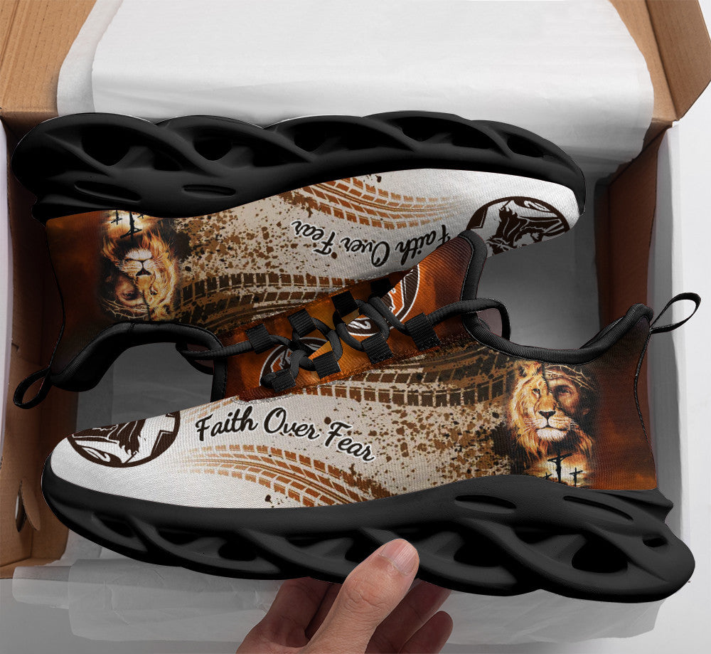 Jesus Faith Over Fear Yezy Running Sneakers Black White Max Soul Shoes - Christian Shoes For Men And Women