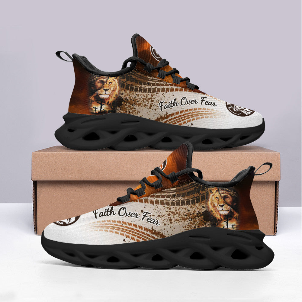 Jesus Faith Over Fear Yezy Running Sneakers Black White Max Soul Shoes - Christian Shoes For Men And Women