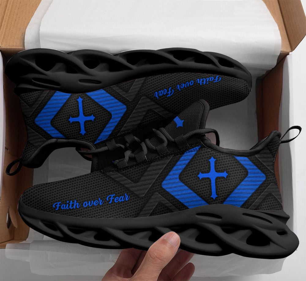 Jesus Faith Over Fear Yezy Running Sneakers Blue And Black Max Soul Shoes - Christian Shoes For Men And Women