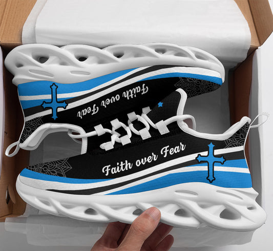 Jesus Faith Over Fear Yezy Running Sneakers Blue And White Max Soul Shoes - Christian Shoes For Men And Women