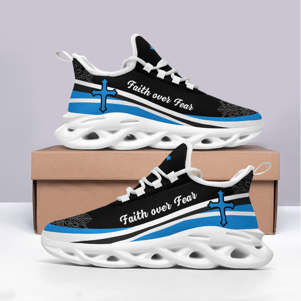 Jesus Faith Over Fear Yezy Running Sneakers Blue And White Max Soul Shoes - Christian Shoes For Men And Women