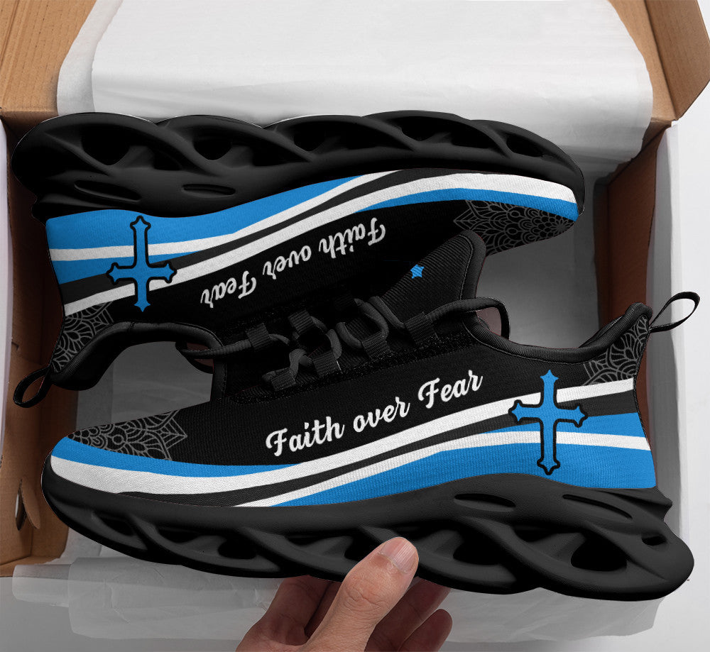 Jesus Faith Over Fear Yezy Running Sneakers Blue And White Max Soul Shoes - Christian Shoes For Men And Women
