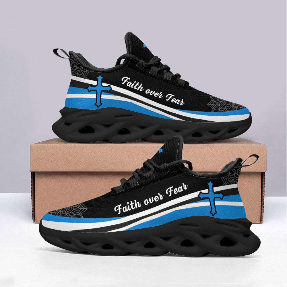 Jesus Faith Over Fear Yezy Running Sneakers Blue And White Max Soul Shoes - Christian Shoes For Men And Women
