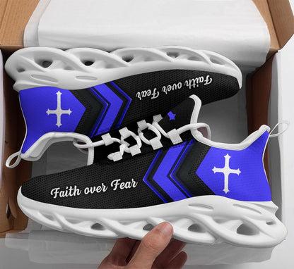 Jesus Faith Over Fear Yezy Running Sneakers Blue Black Max Soul Shoes - Christian Shoes For Men And Women