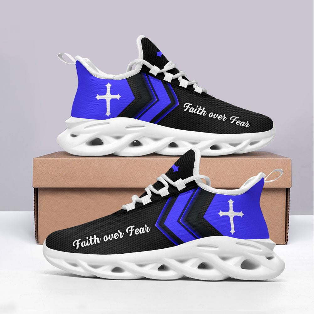 Jesus Faith Over Fear Yezy Running Sneakers Blue Black Max Soul Shoes - Christian Shoes For Men And Women