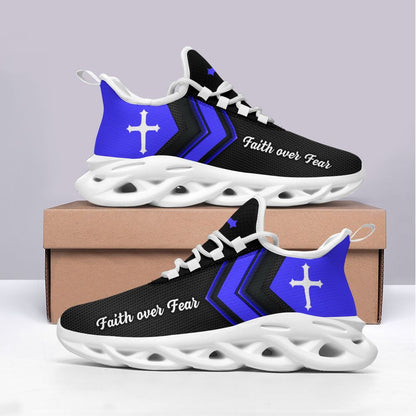 Jesus Faith Over Fear Yezy Running Sneakers Blue Black Max Soul Shoes - Christian Shoes For Men And Women