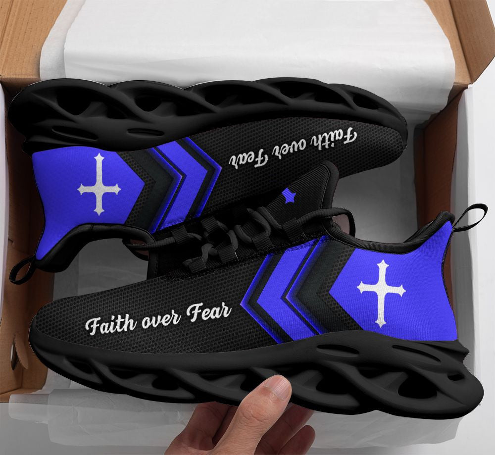 Jesus Faith Over Fear Yezy Running Sneakers Blue Black Max Soul Shoes - Christian Shoes For Men And Women