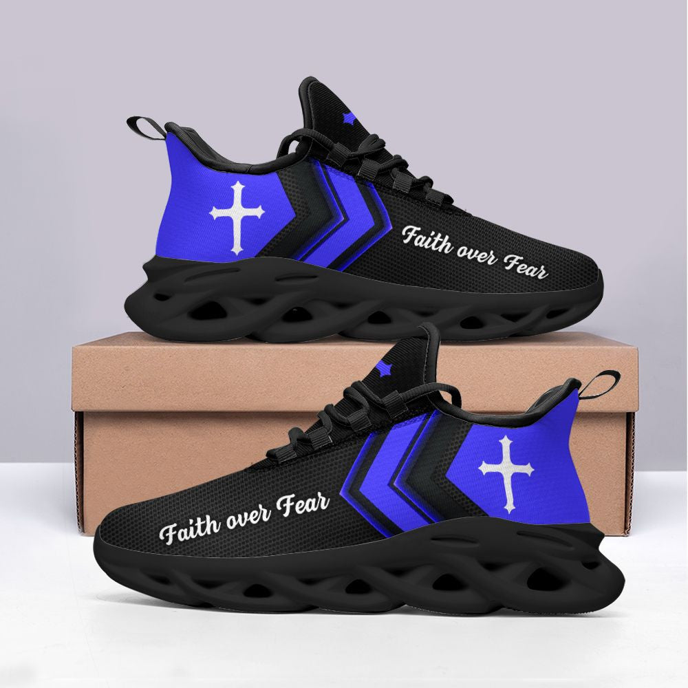 Jesus Faith Over Fear Yezy Running Sneakers Blue Black Max Soul Shoes - Christian Shoes For Men And Women